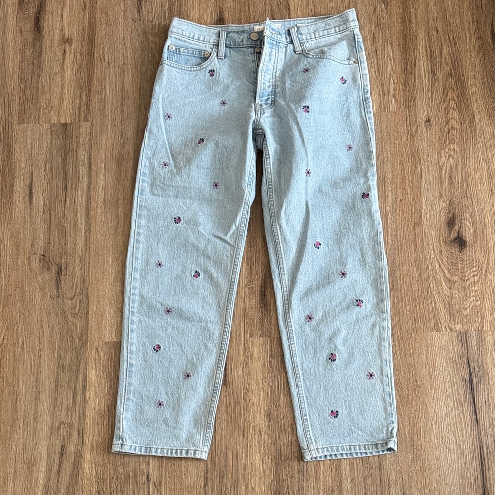 Lucky Brand Light Blue Straight Leg Jeans with Floral Embroidery